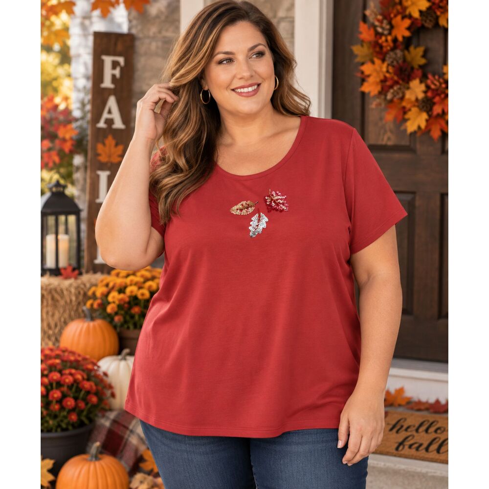 C.J. Banks 3X Burnt Orange Fall Top Sequined Leaves Short Sleeve Plus Size #22